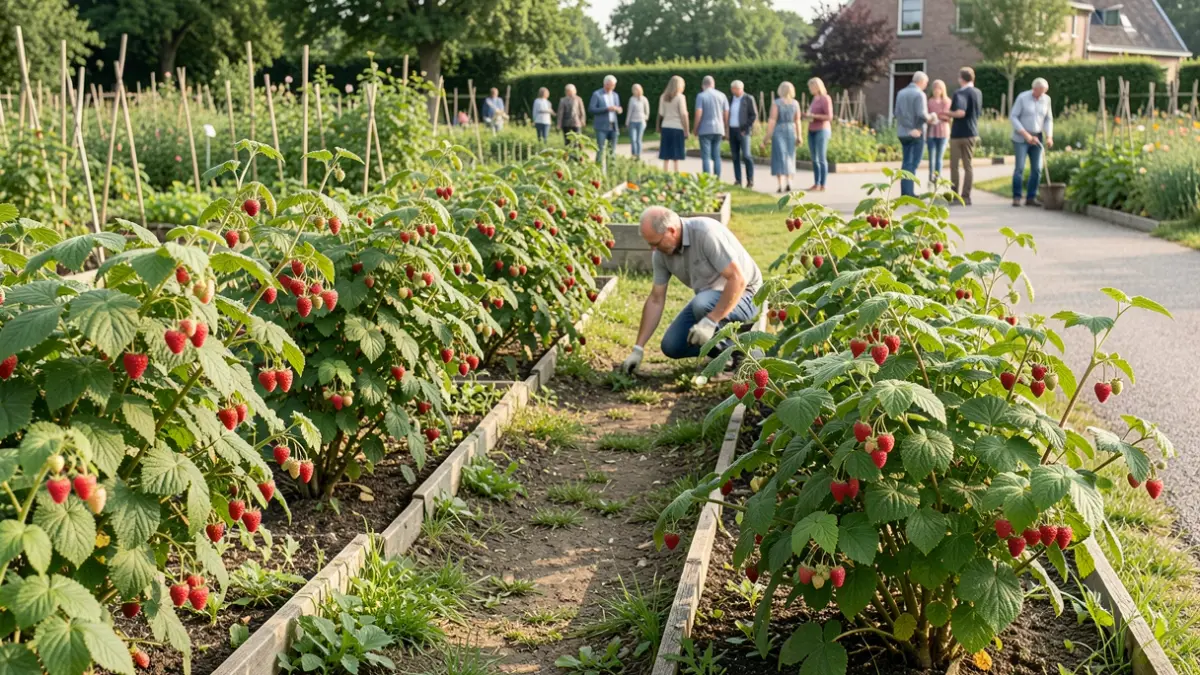 Een gemeenschappelijke pluktuin in Vlaanderen met frambozenstruiken en vrijwilligers die aan het werk zijn.