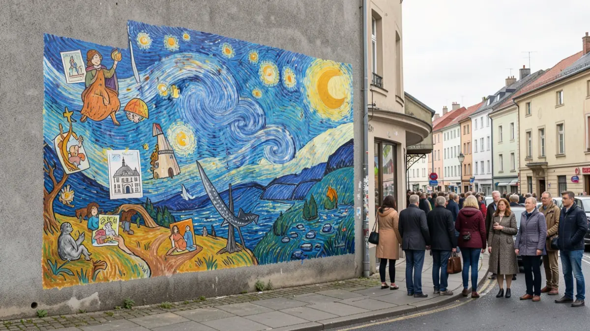Generic image of a colorful neighborhood mural depicting local stories and symbols, inspired by Van Gogh and personal anecdotes.