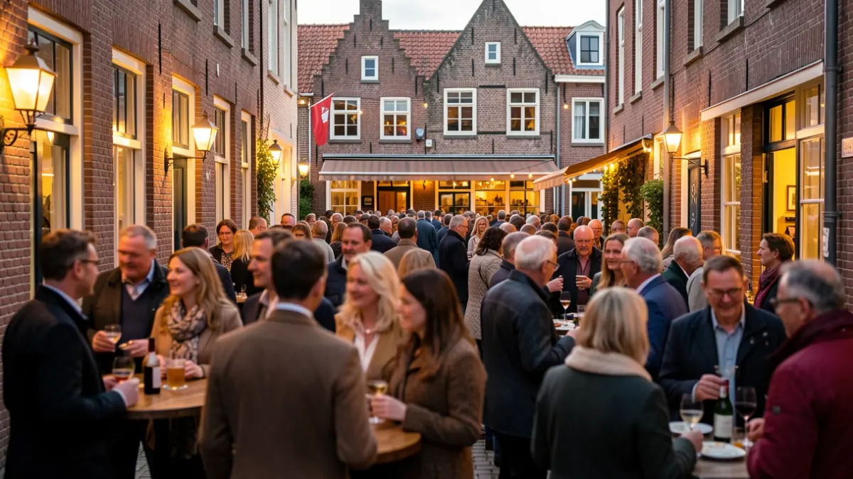 Festive opening of a neighborhood bistro in Flanders with celebrating people and traditional architecture.