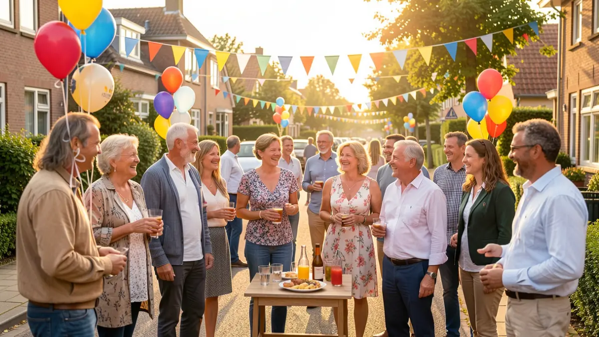 A diverse group of neighbors celebrating a street party together in a decorated street.