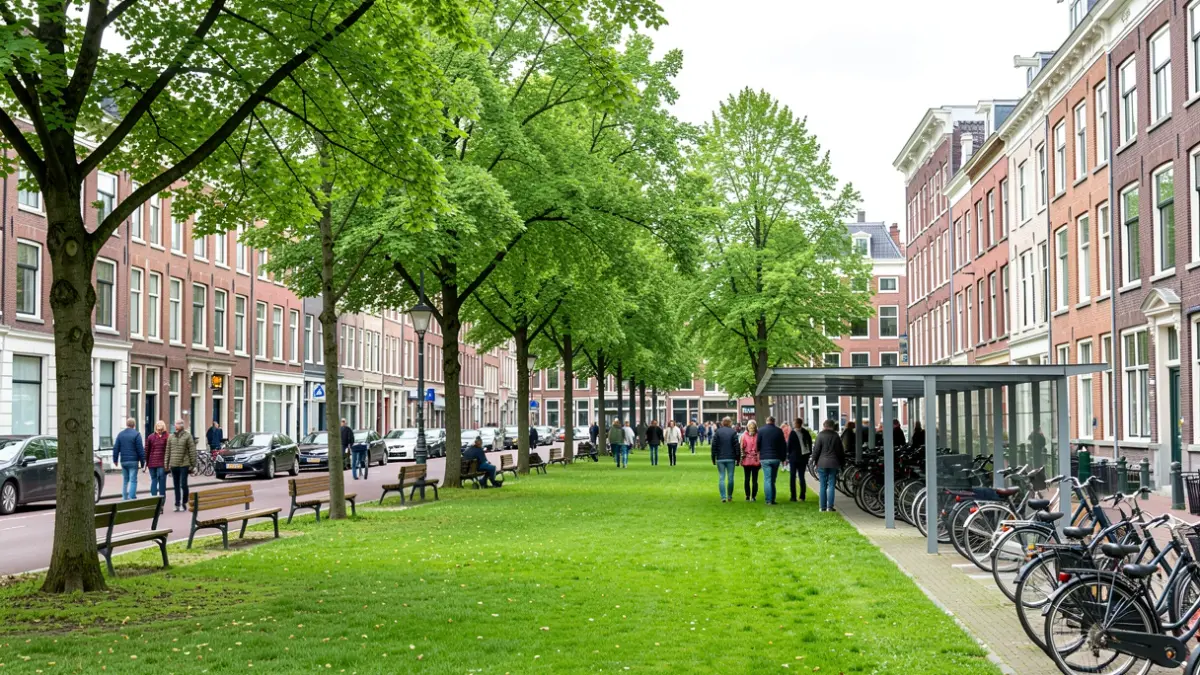 Generieke afbeelding van een groen stadspark met bomen en banken, geflankeerd door stedelijke gebouwen. Een moderne, overdekte fietsenstalling is zichtbaar. Zacht daglicht.