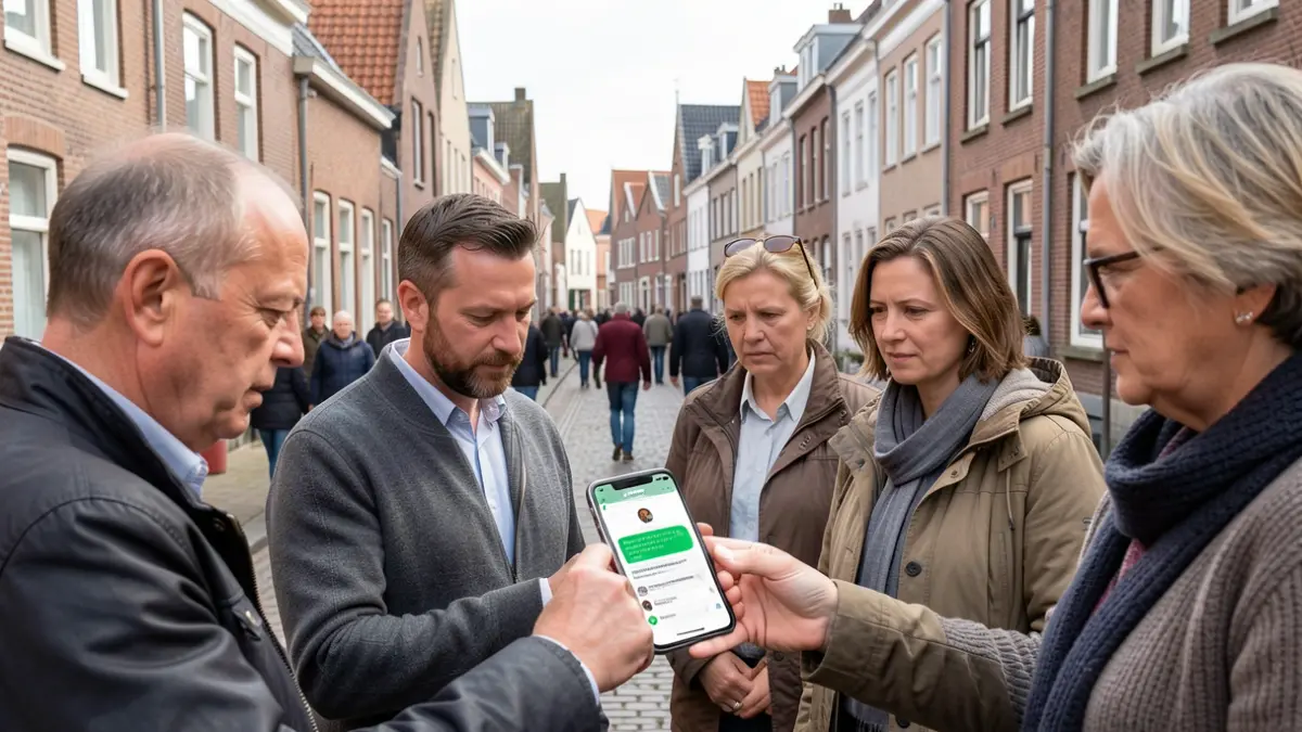 A group of neighbors attentively looking at a smartphone displaying a WhatsApp conversation, on a Flemish street.