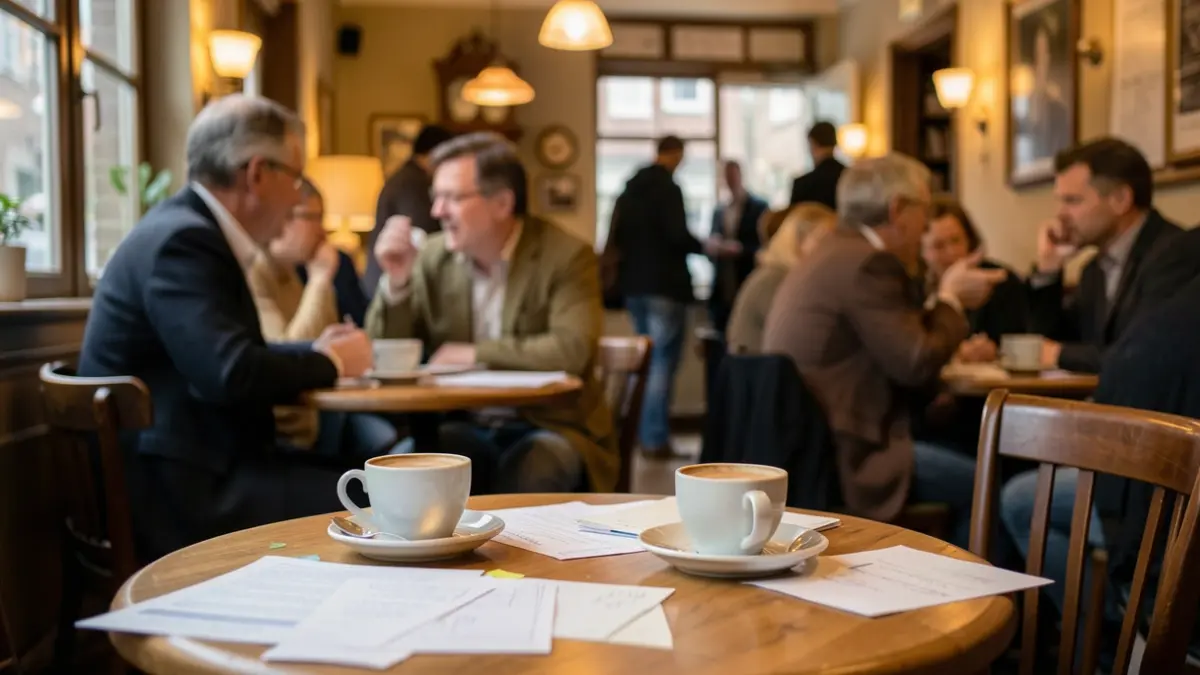 Generic image of the interior of a cozy cafe in Flanders with warm lighting and a blurred background.