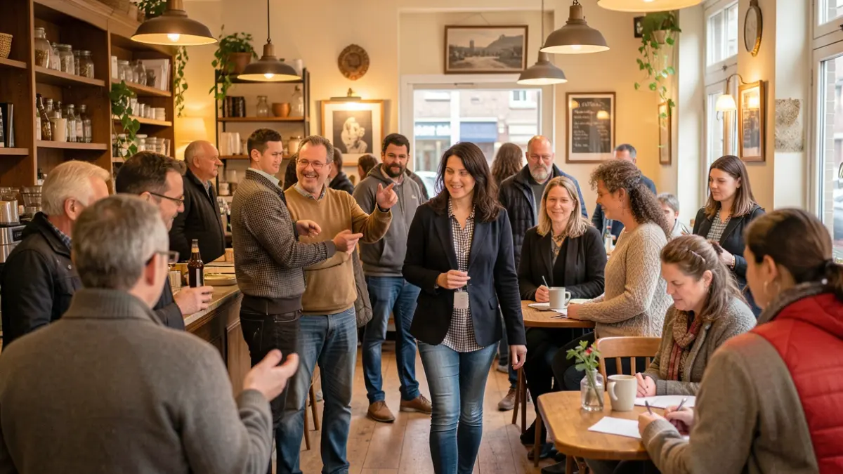 Generieke afbeelding van een diverse groep mensen in een Vlaams café, waarbij interactie en het aangeven van grenzen centraal staan.