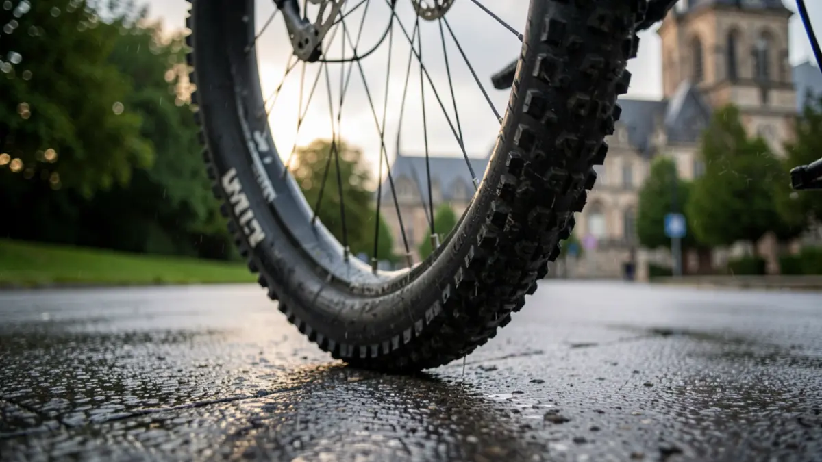 Close-up of a fatbike tire on wet asphalt with a Flemish town hall facade in the background.