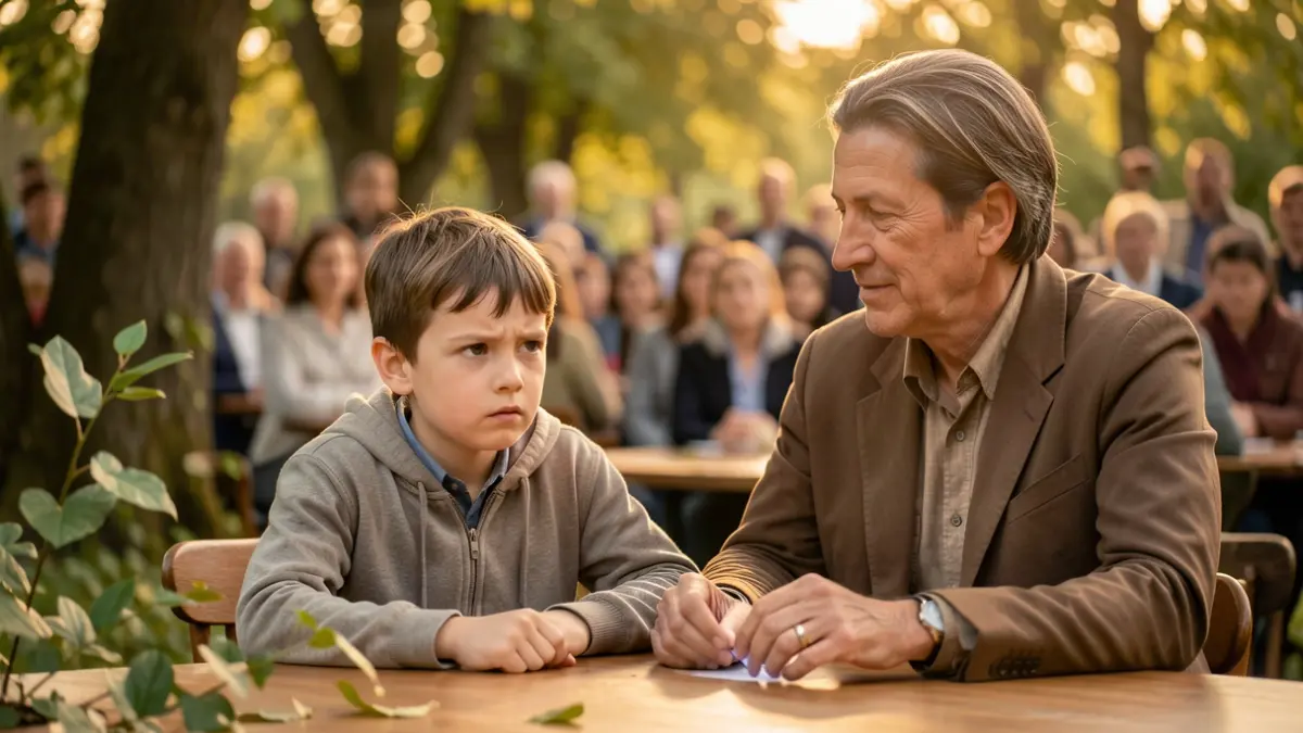 Generic image of a young boy sitting at a table with a supportive adult, surrounded by blurred natural elements.