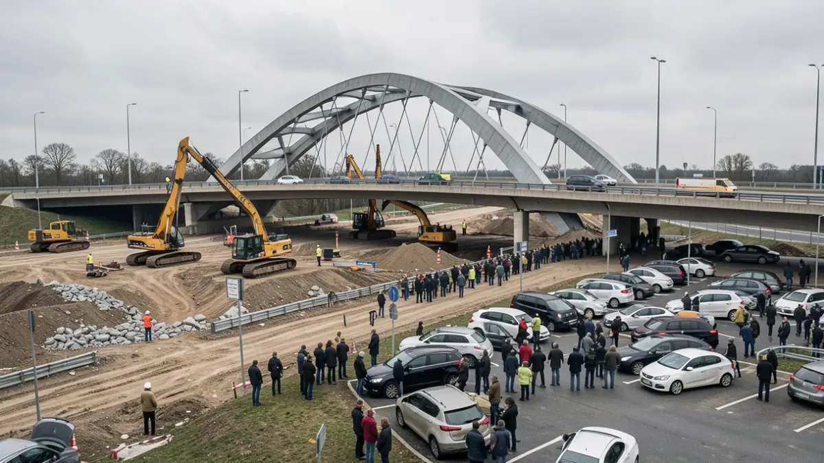 Generic image of a construction site for a new arch bridge over a highway, with construction machinery and roadworks. The surroundings show a carpool parking lot.