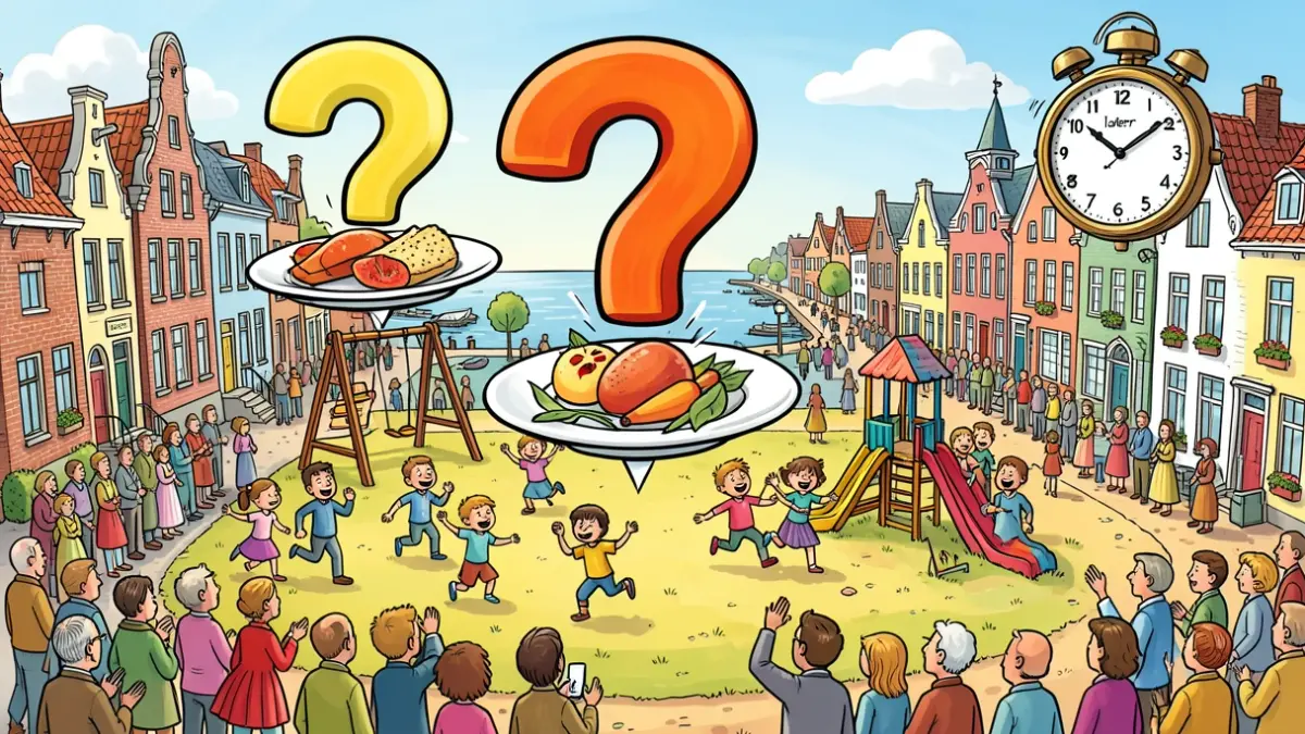 Illustratie van een kind dat de wereld bekijkt met verwondering en logica, met speelse elementen zoals een reusachtige vraagteken boven een bord eten en een speelplaats waar kinderen vechten.
