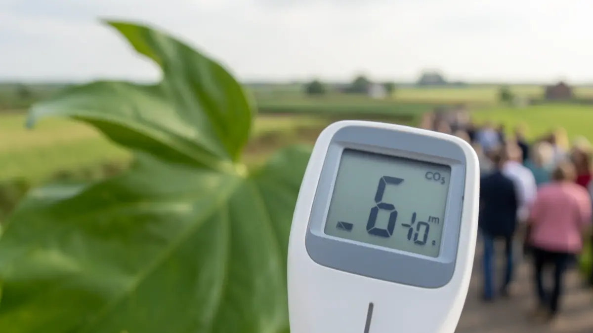 Generic image of a thermometer showing a decreasing CO2 level, with a Flemish polder landscape in the background.