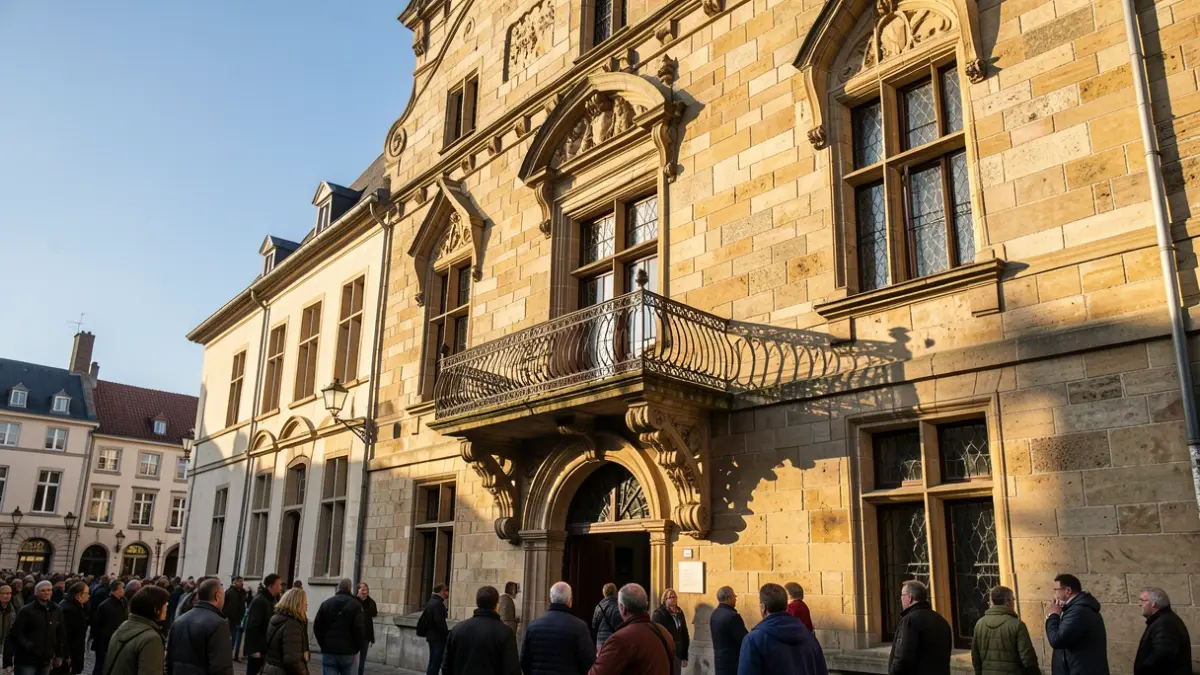 Generieke afbeelding van de gevel van een traditioneel Vlaams stadhuis met een sierlijke balkon en ijzeren balustrade, in warm middaglicht, tegen een blauwe hemel.