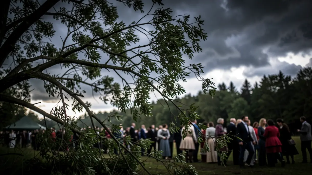 Generieke afbeelding van stormweer met harde windvlagen die takken doen bewegen, donkere wolken en een gevoel van dreiging.