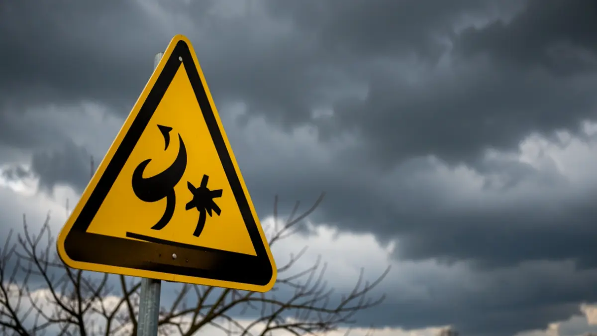 Generic image of a yellow weather warning sign with wind symbols against a backdrop of dark, swirling clouds and a few branches blowing in the wind.