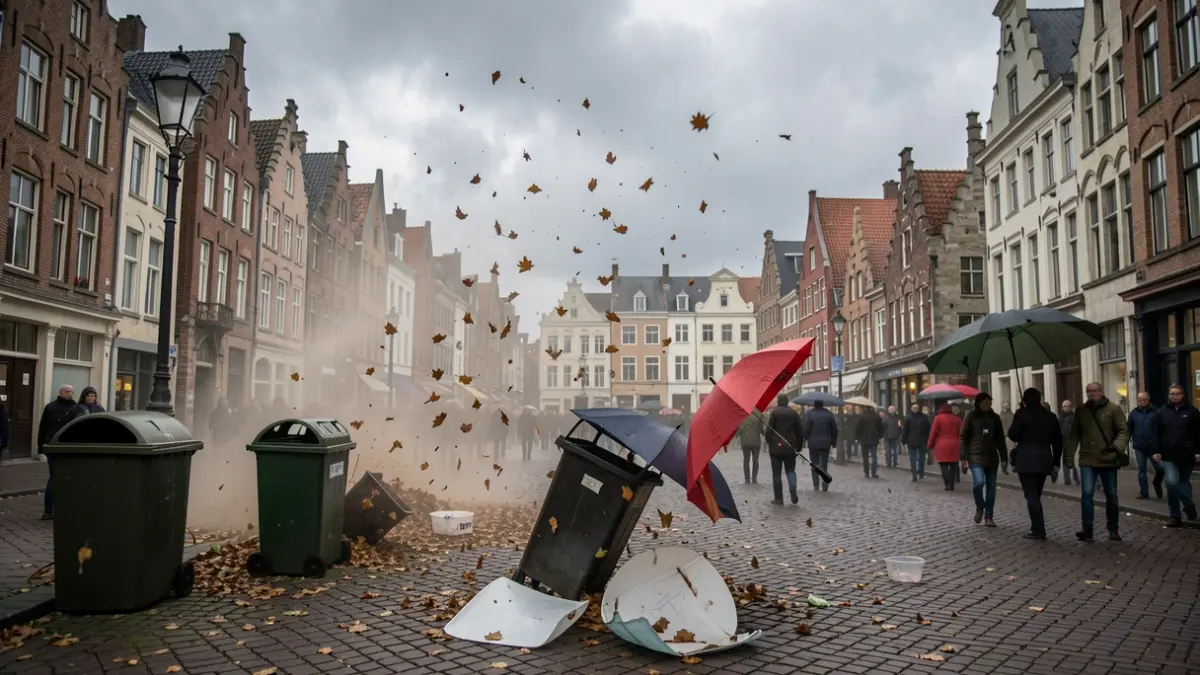 Generieke afbeelding van een stormachtige dag in een Vlaamse gemeente, met rondvliegend afval en losse voorwerpen.