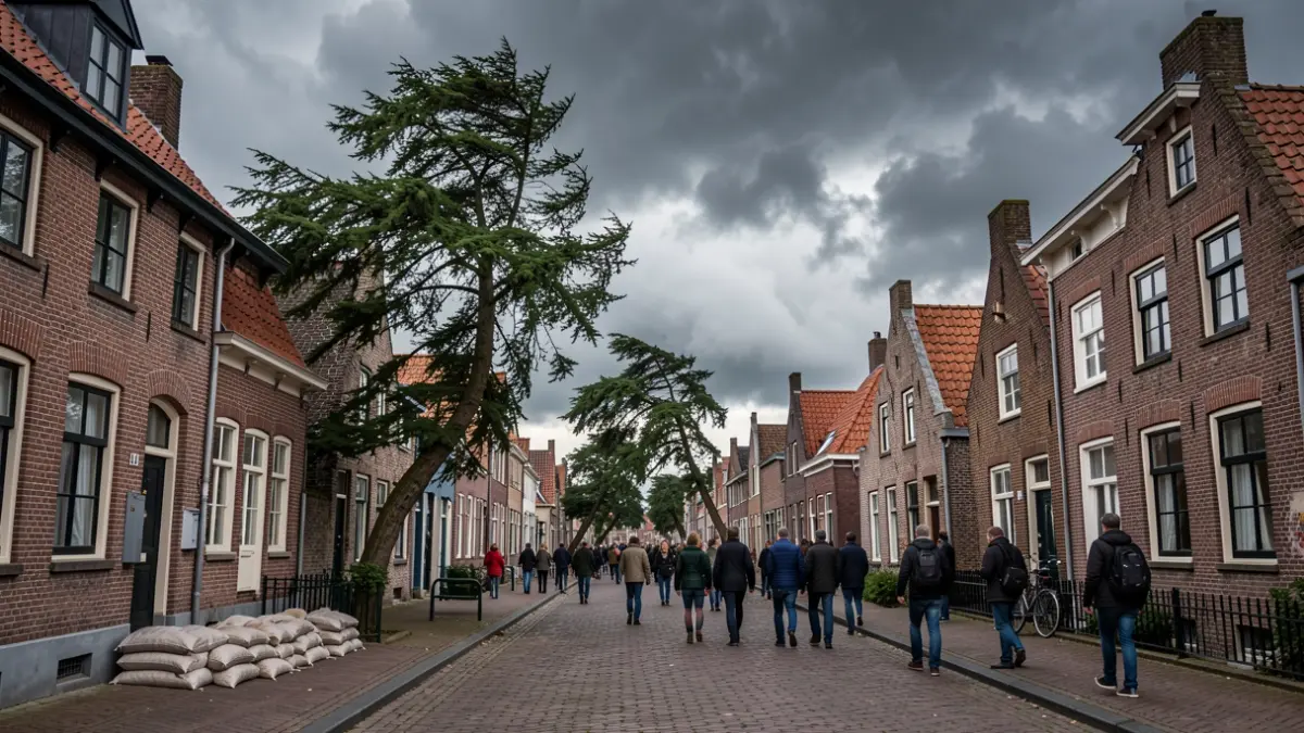 Generic image of stormy weather with sandbags near a building in Flanders.