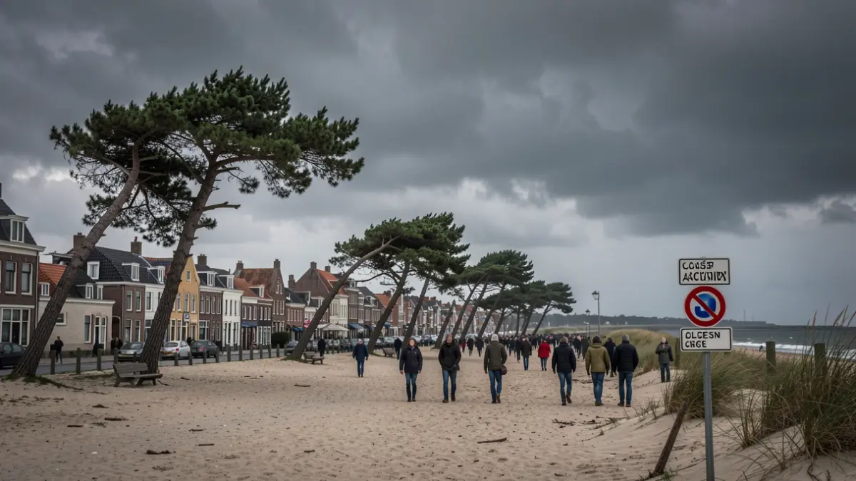Generic image of a stormy sky over a Flemish coastal town with strong winds, indicated by bending trees and closed beach access signs. The scene conveys caution and preparedness, with a muted color palette reflecting overcast weather. No people or specific landmarks visible.