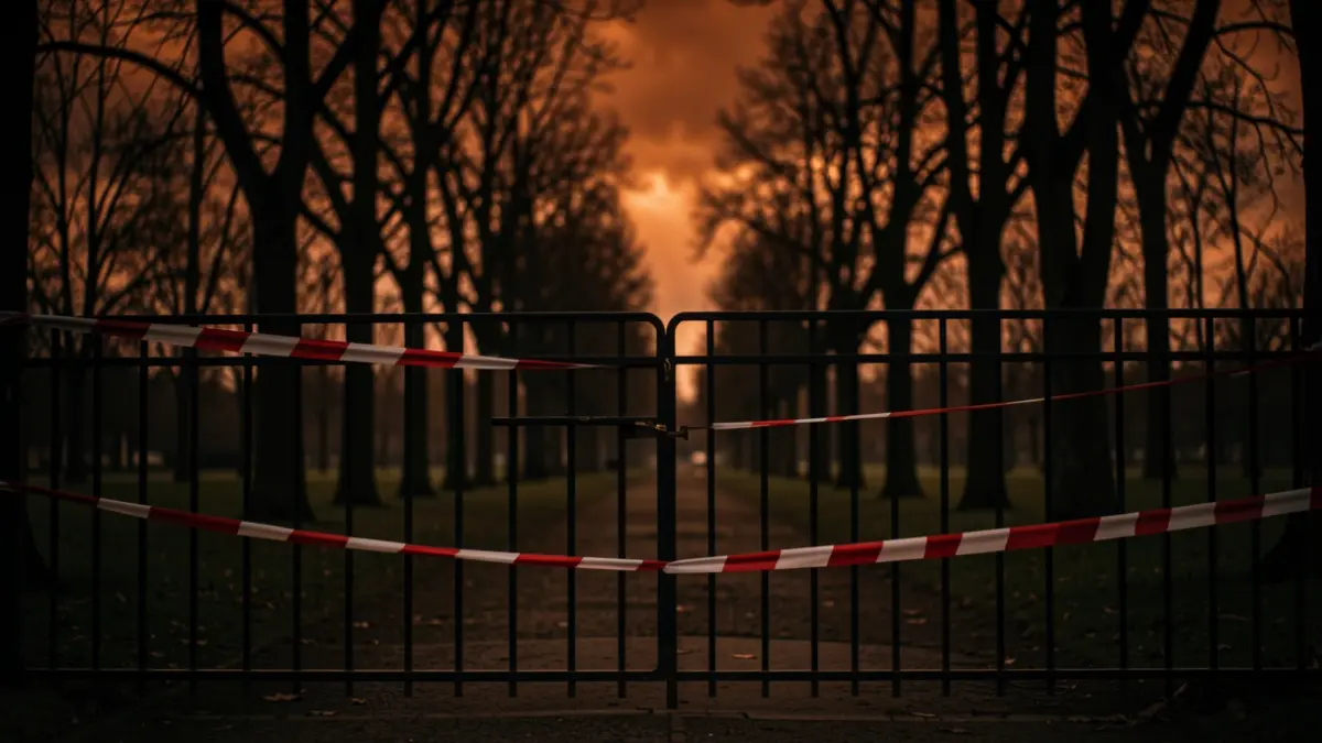 Generic image of a closed park with warning ribbons against a stormy, orange sky.