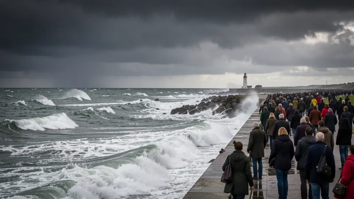 Generic image of a stormy sea on the Belgian coast with dark clouds and strong winds, featuring a lighthouse in the distance.