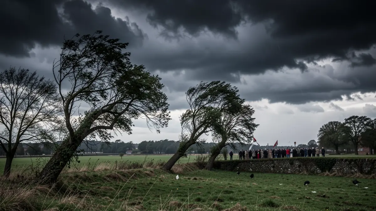 Generic image of a dark, stormy sky over a Flemish landscape with trees bending in the wind.