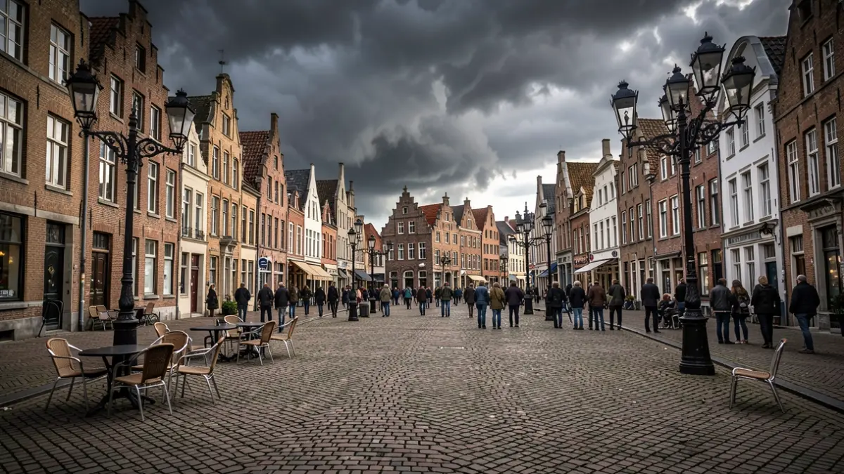 Generic image of dark clouds over a historic Flemish town square with cobblestones and ornate streetlights, a few scattered empty chairs from outdoor cafes, dramatic lighting.