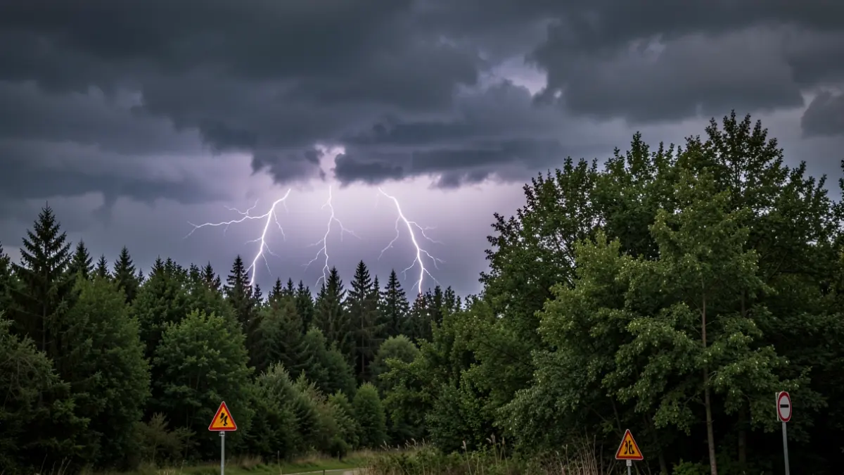 Generieke afbeelding van een onweerslucht met donkere wolken en bliksem boven een dicht bos in Vlaanderen, met een waarschuwingsbord aan de rand van het bos. Dramatische, sfeervolle belichting.