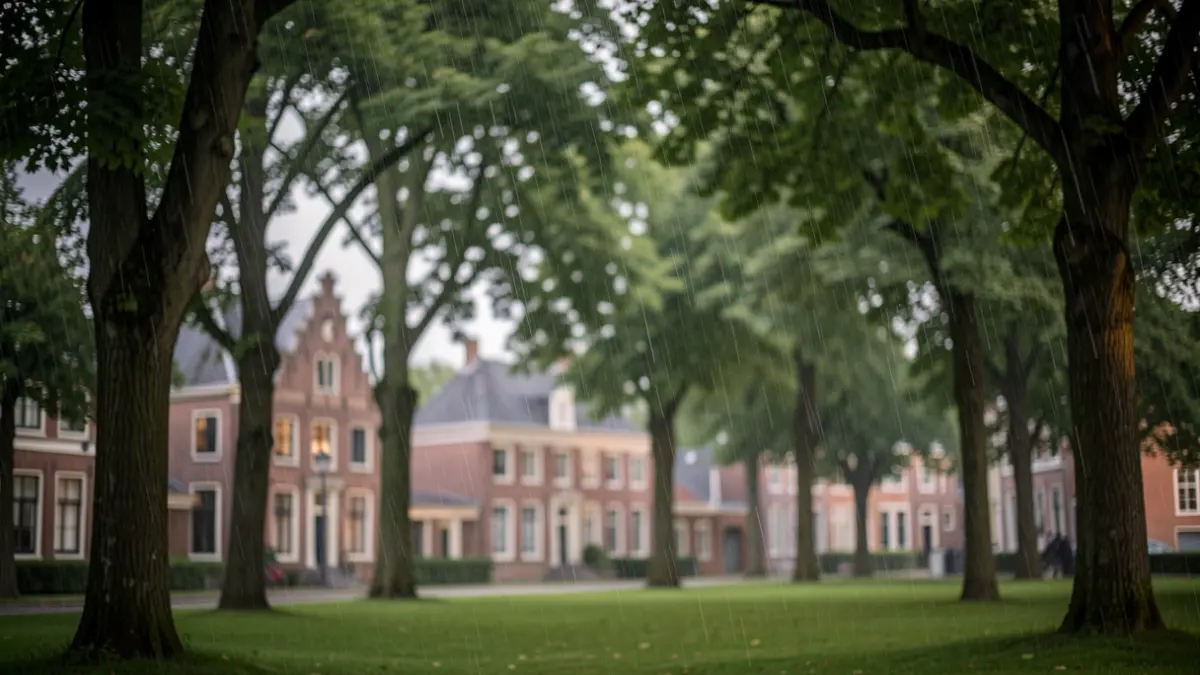 Generieke afbeelding van sterke wind die door bomen waait met regen in de lucht, in een Vlaamse omgeving.