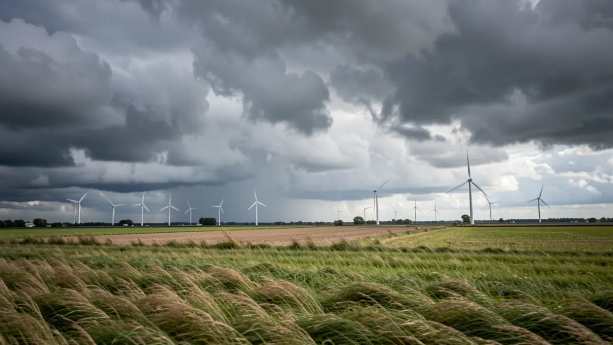 Generic image of a stormy sky over a Flemish polder landscape with wind turbines in the distance, dramatic clouds, strong wind effect on grass, overcast day.