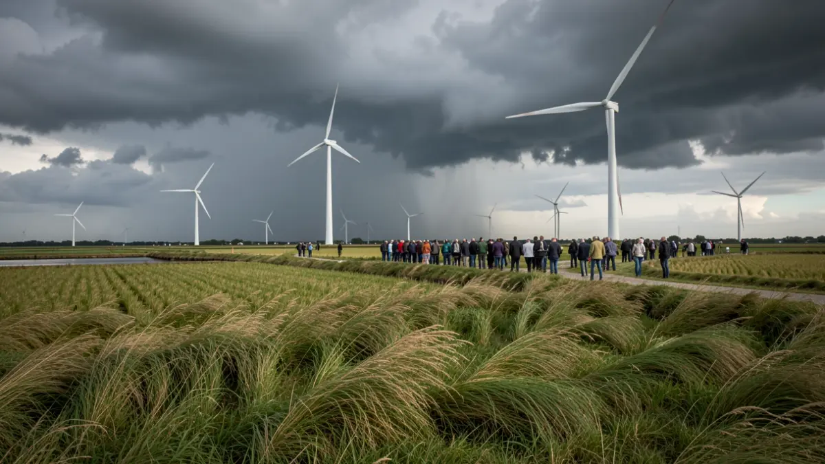 Generic image of a stormy sky over a Flemish polder landscape with wind turbines, dark clouds, and strong gusts of wind bending the grass.