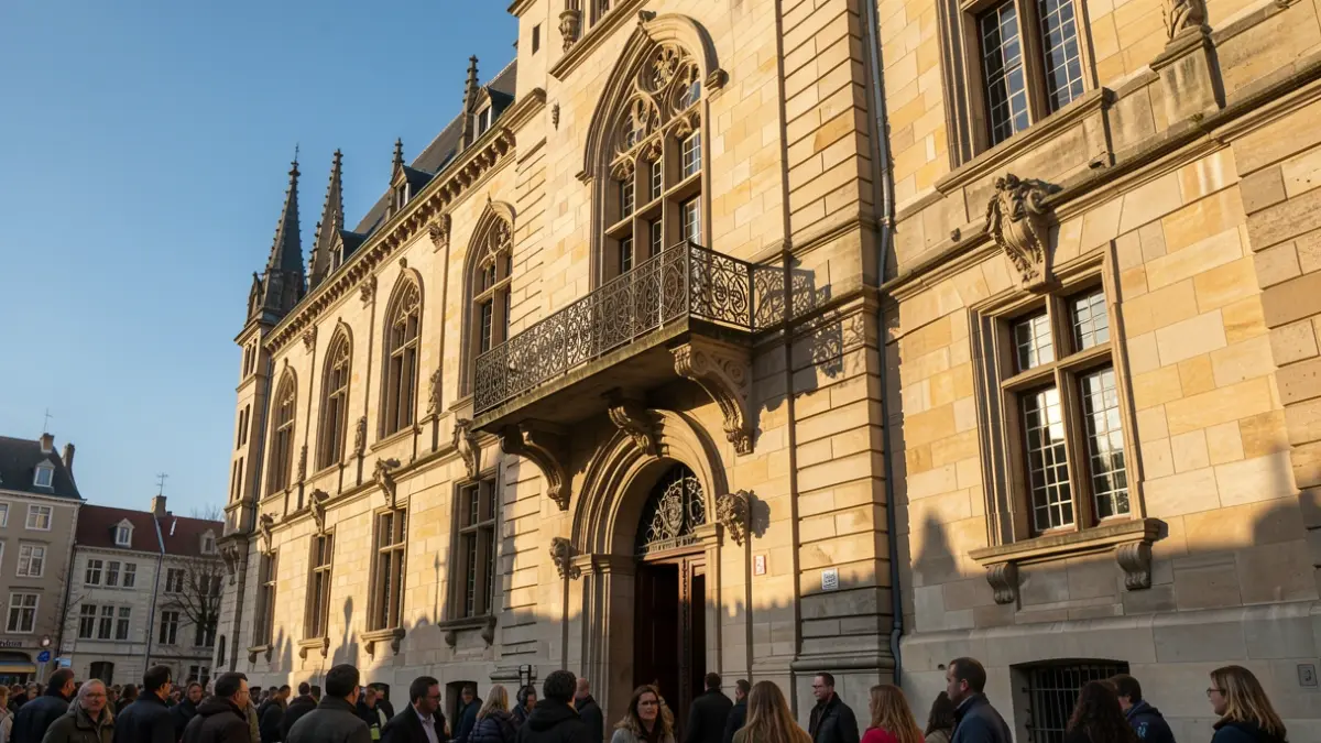 Stadhuis van Antwerpen met balkon en zandstenen gevel in de namiddagzon.