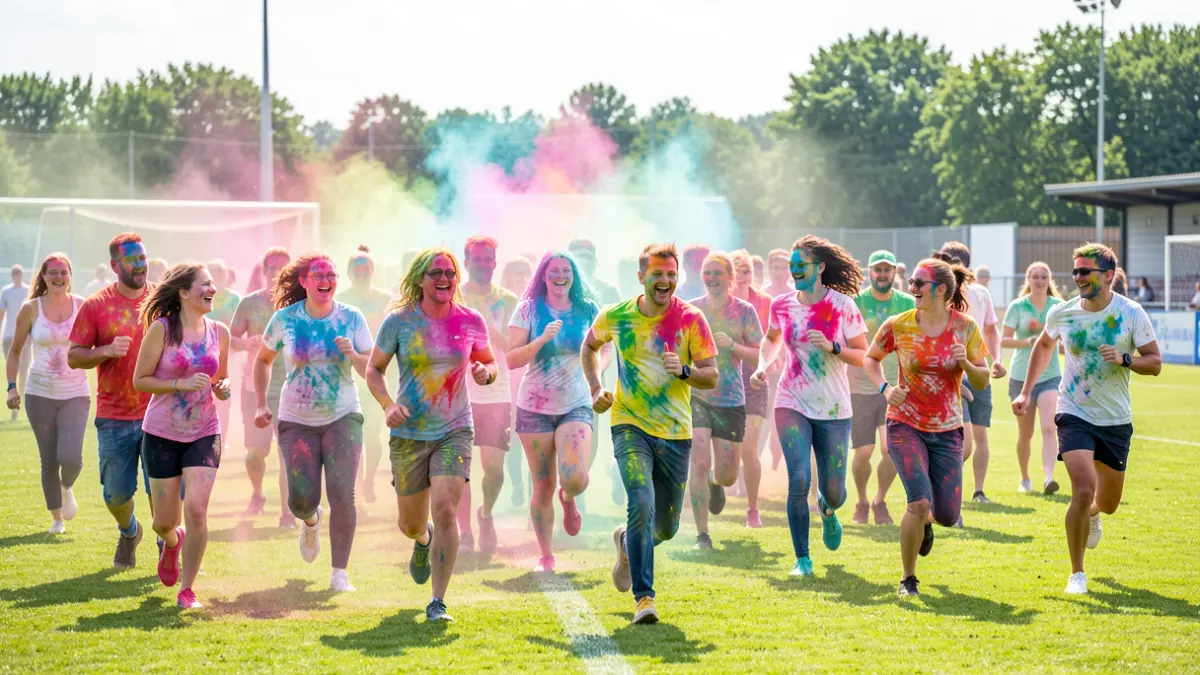 Group of laughing people of all ages, covered in colorful powder, on a sports field in Flanders.