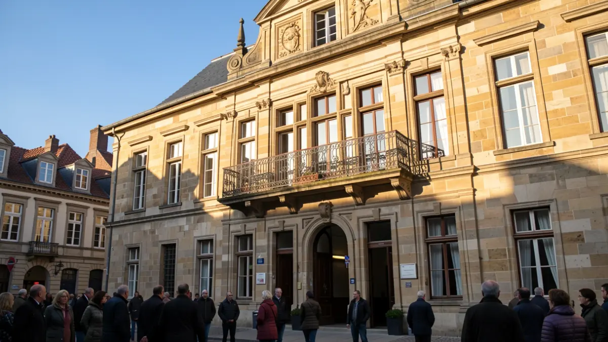 De stenen gevel van een Vlaams stadhuis met een sierlijke balkon en ijzeren balustrade, in warm middaglicht onder een blauwe hemel.
