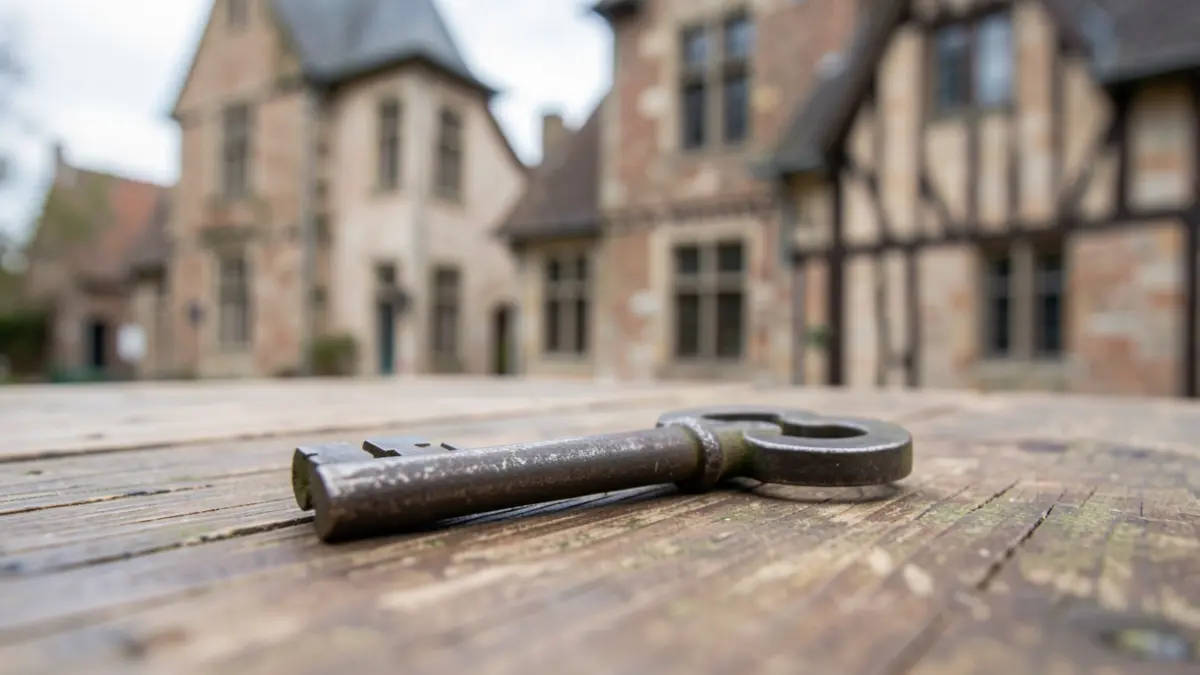 Generieke afbeelding van een oude sleutel op een houten tafel, met vage details van een historisch Vlaams huis op de achtergrond.
