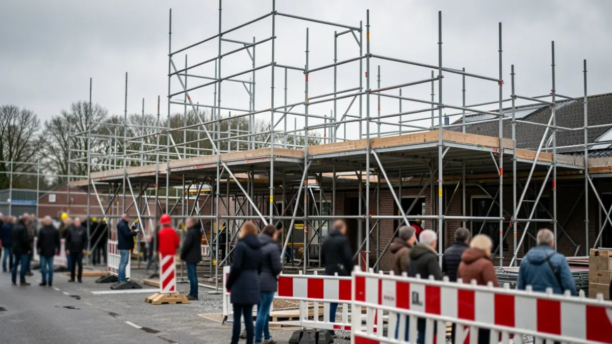 Generic image of construction site scaffolding and safety barriers in Flanders, with blurred figures of workers in the background under a grey sky.