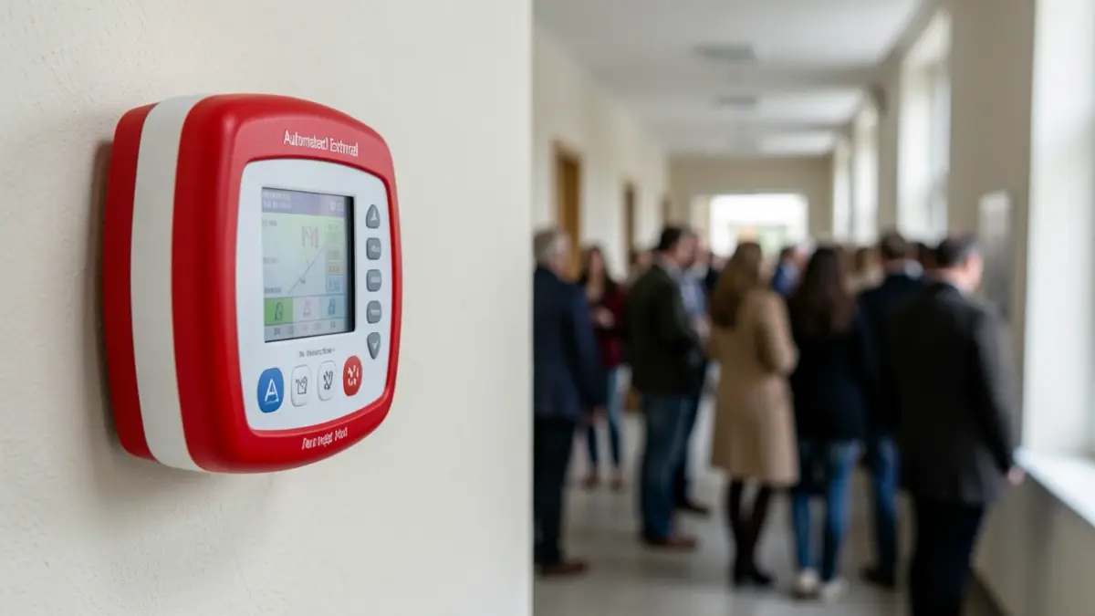 Generic image of a Red Cross AED device on a wall.