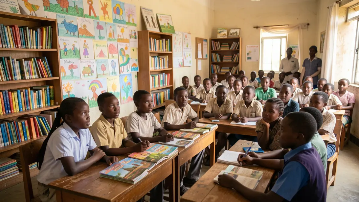 Students in a Ugandan classroom with books and a teacher.