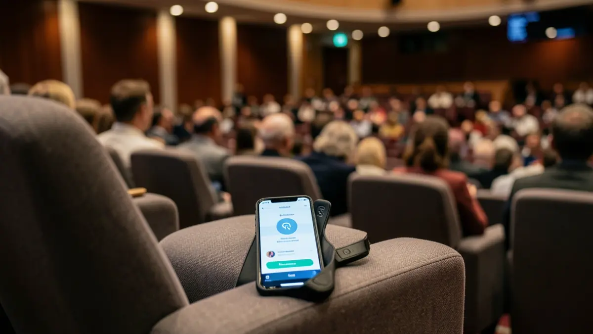 Interieur van een moderne theaterzaal in Vlaanderen met een smartphone die een hoorhulp-app toont.