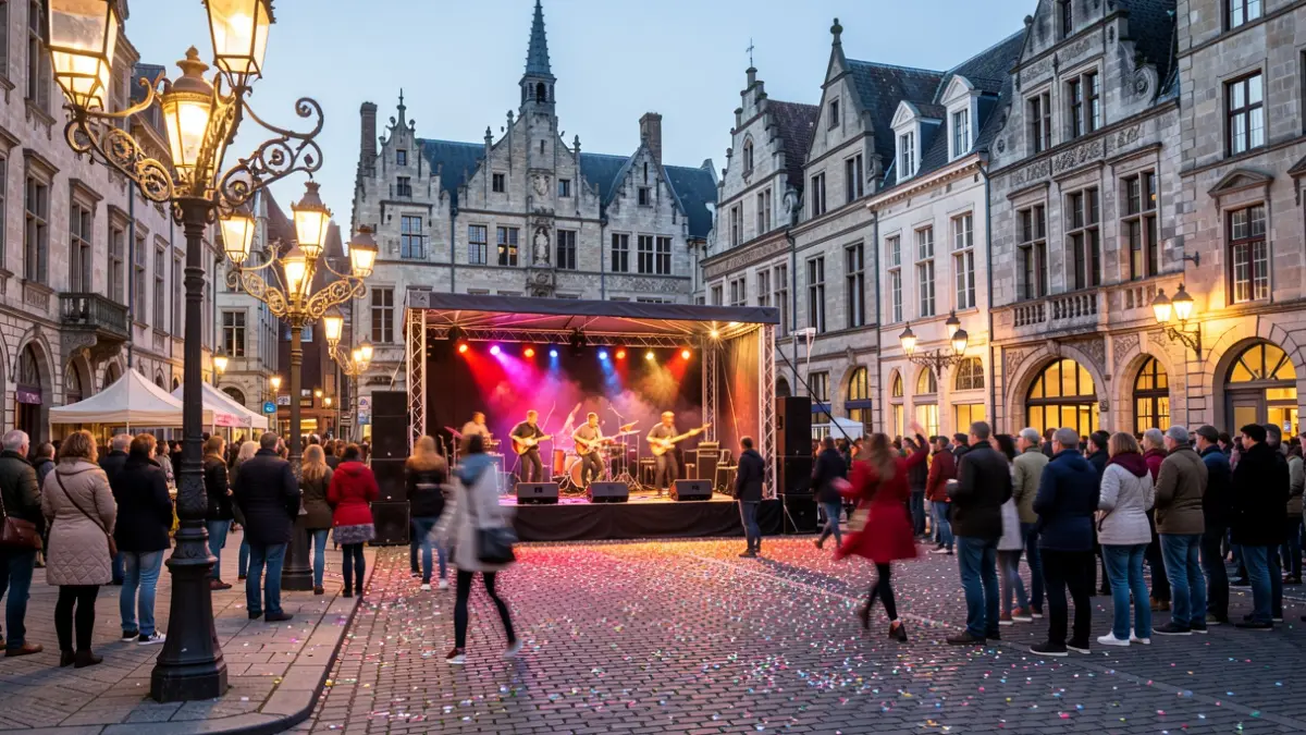 Generic image of a vibrant cultural festival in a Flemish town square at dusk. Ornate iron streetlamps cast a warm glow on a stage where blurred figures are performing music and dance. Confetti is scattered on the cobblestone ground. The background architecture is typical Flemish with historic stone buildings.