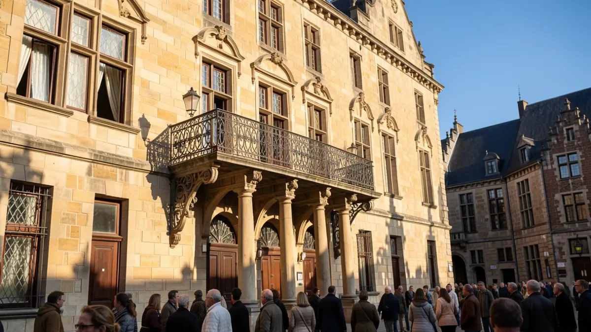 Generieke afbeelding van de gevel van een traditioneel Vlaams stadhuis met een sierlijk balkon en ijzeren balustrades, badend in warm middaglicht dat schaduwen werpt op de zandstenen muren, onder een heldere blauwe hemel.