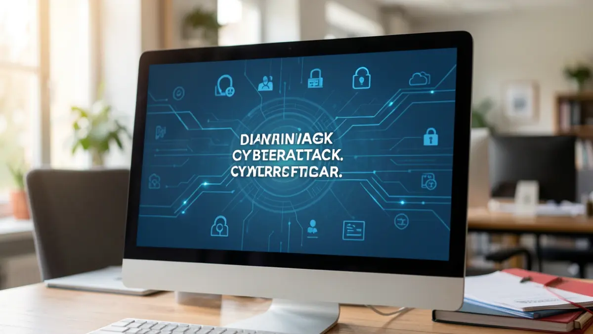 Generieke afbeelding van een computerscherm met een waarschuwingsbericht over een cyberaanval, met op de achtergrond een vervaagd kantoor en digitale beveiligingspictogrammen. Het scherm toont een algemene waarschuwing, zonder specifieke tekst of logo's.