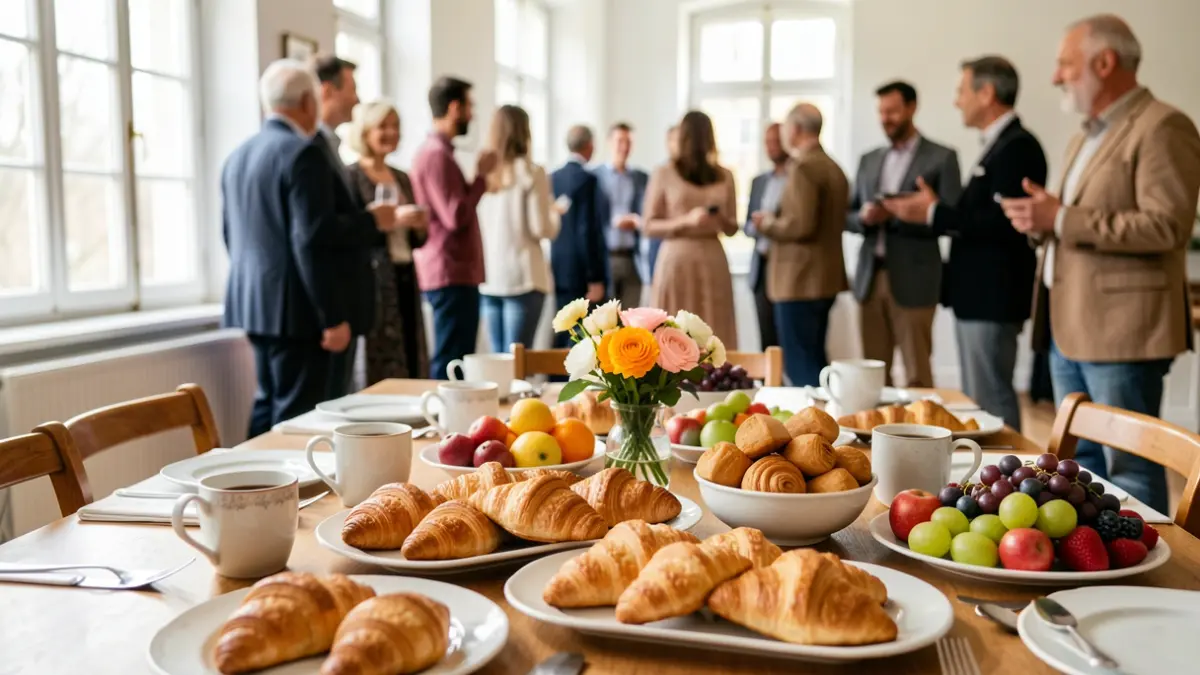 Een warme en uitnodigende ontbijttafel met gebak, fruit en koffie, met op de achtergrond wazige figuren van mensen in een ondersteunende sfeer.