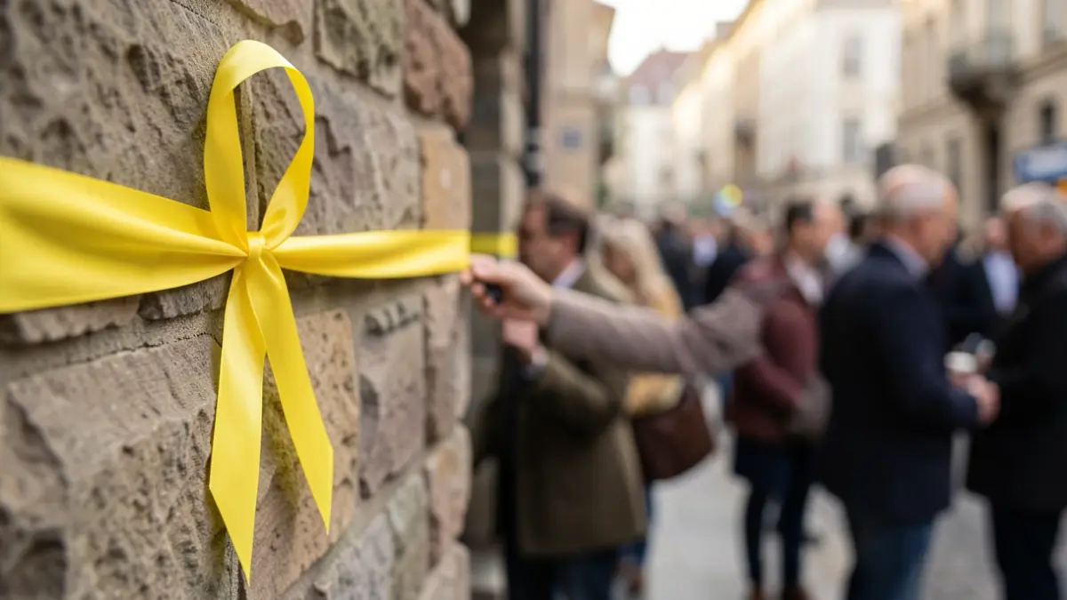 Symbolic yellow ribbon around a stone wall, with blurred hands leaving messages in the background. Soft, hopeful lighting.