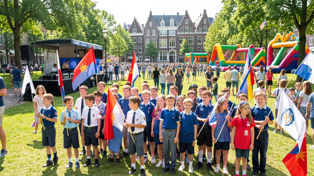 Generic image of a group of children and young people in uniform gathered in a park, with a DJ booth and bouncy castles in the background. Sunny day with a festive atmosphere.