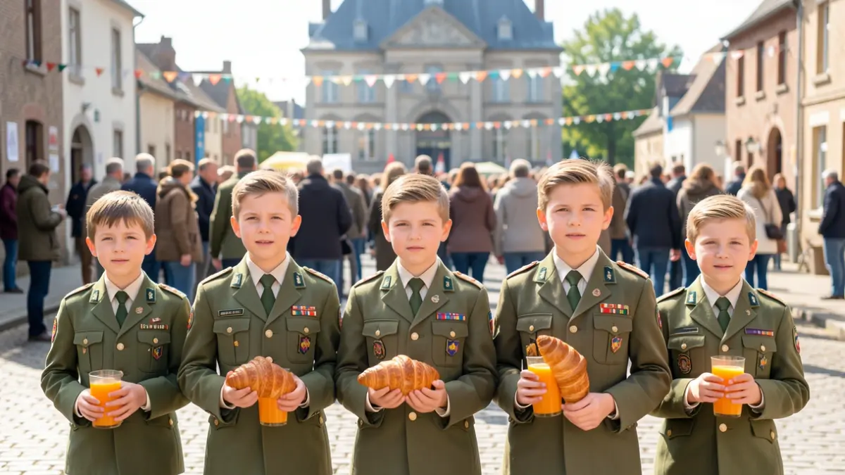 Generic image of children and young people in uniform on a village square with croissants and orange juice, with a town hall and festive decorations in the background.