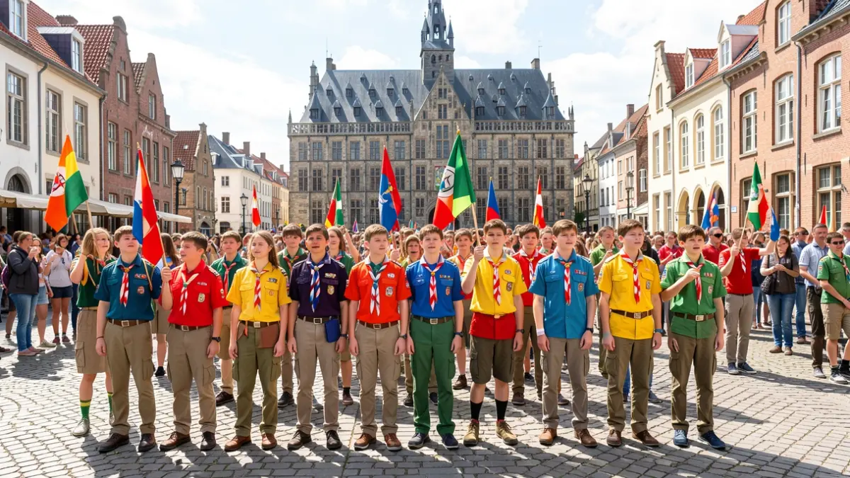 Generic image of a group of young people in scout uniforms in a town square with a town hall in the background.
