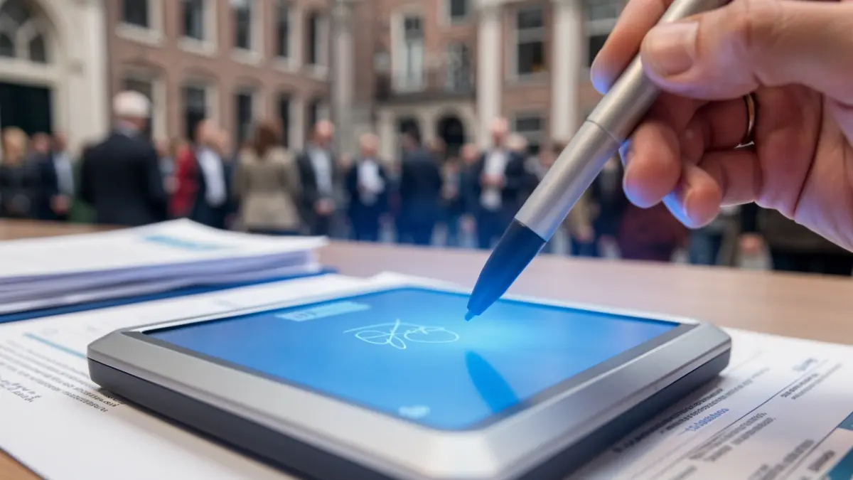 Generic image of a digital signature device with a stylus, blurred documents and a blue glow in the background.