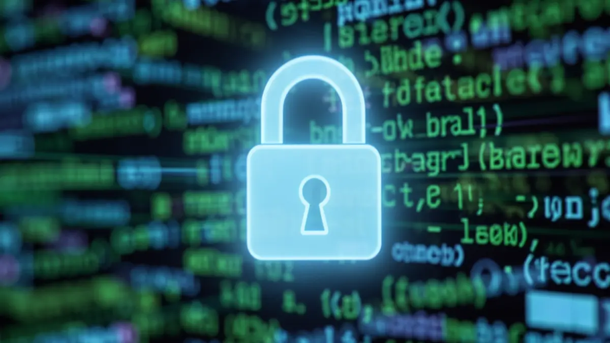 Generic image of a digital security lock on a blurred background of code.