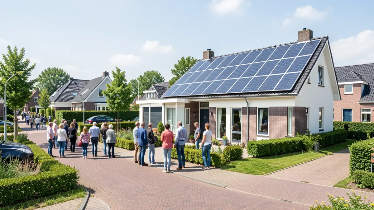 Modern energy-efficient houses with solar panels on the roof in a Flemish neighborhood.