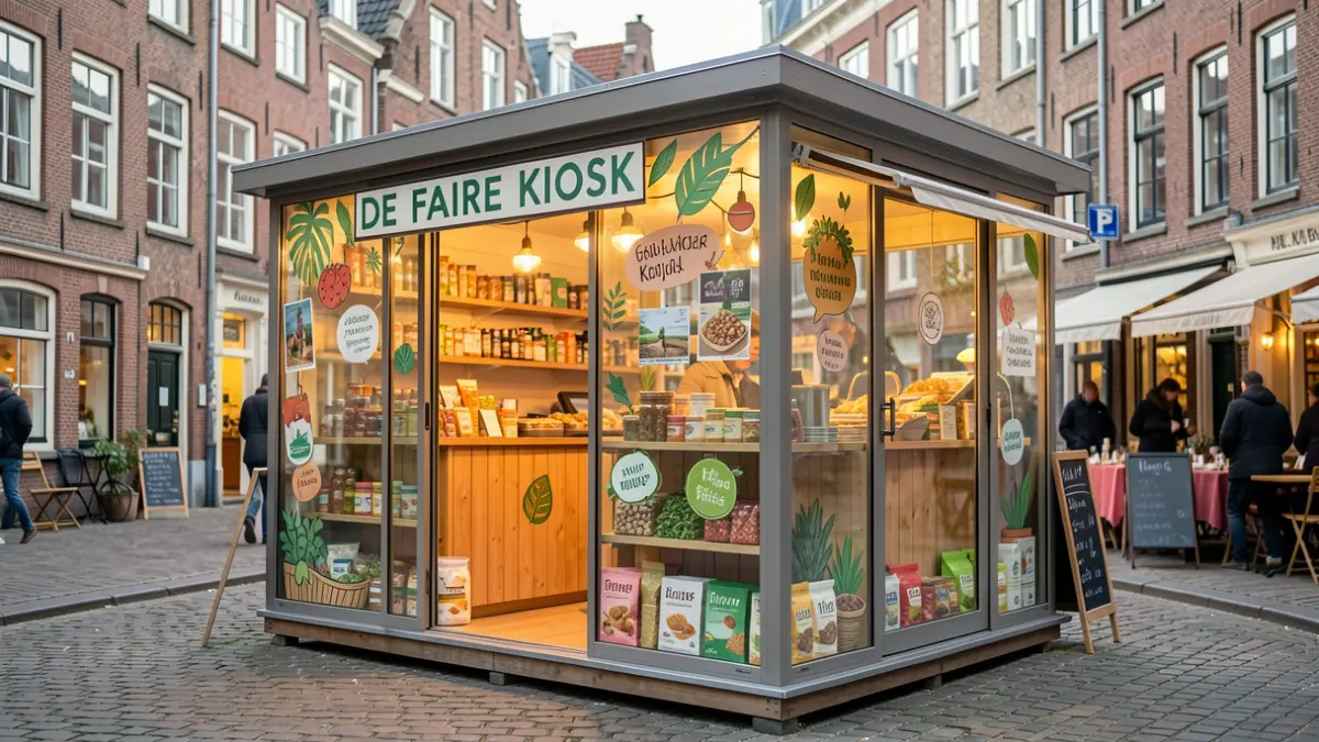 The Faire Kiosk in Kortrijk's Graanmarkt, a glass installation showcasing local and sustainable products.