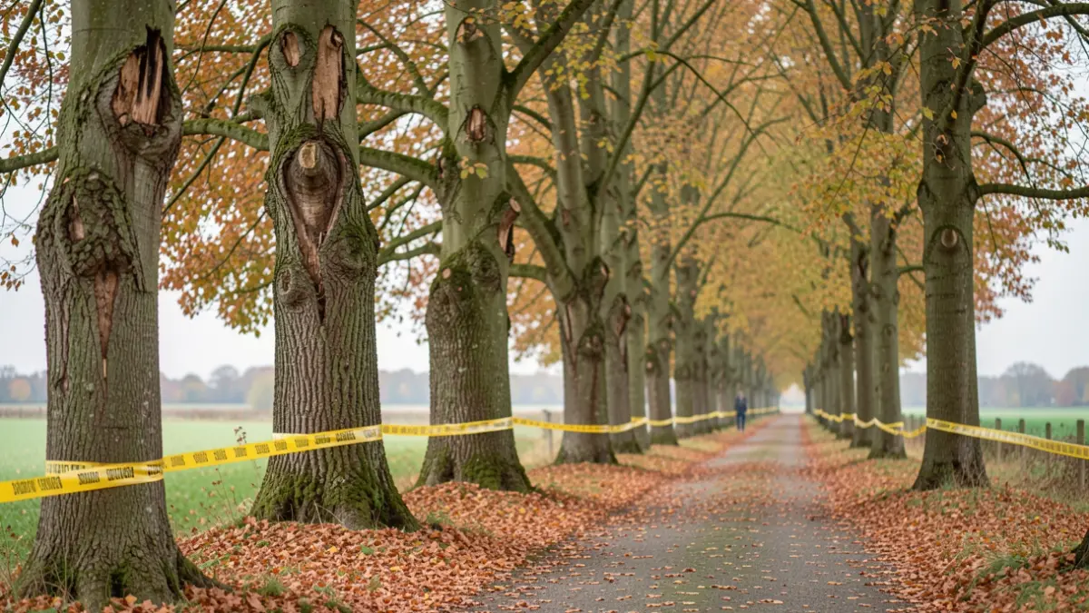 Generieke afbeelding van een afgesloten beukenlaan in Vlaanderen met waarschuwingslint.
