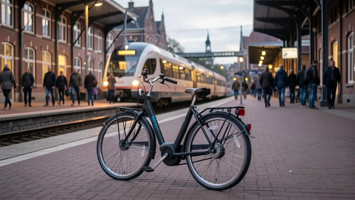 Generic image of a shared bike at a train station in Flanders, with soft lighting.