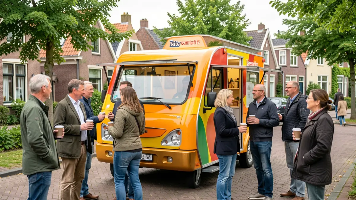Generic image of a mobile outreach vehicle, parked in a residential neighborhood in Flanders. People are gathered around the vehicle, chatting and holding coffee cups. The atmosphere is warm and communal, with typical Flemish houses in the background.